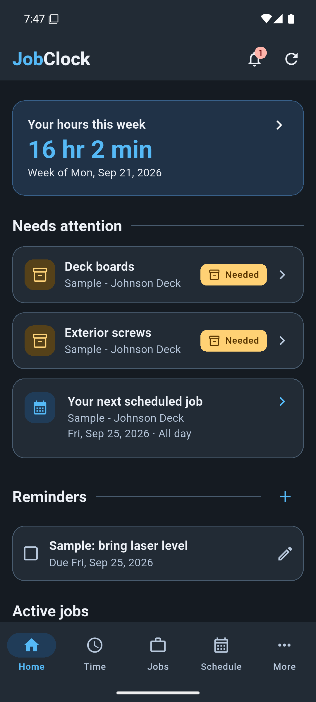 JobClock Android Home screen with sample weekly hours, materials needed, schedule and reminders.